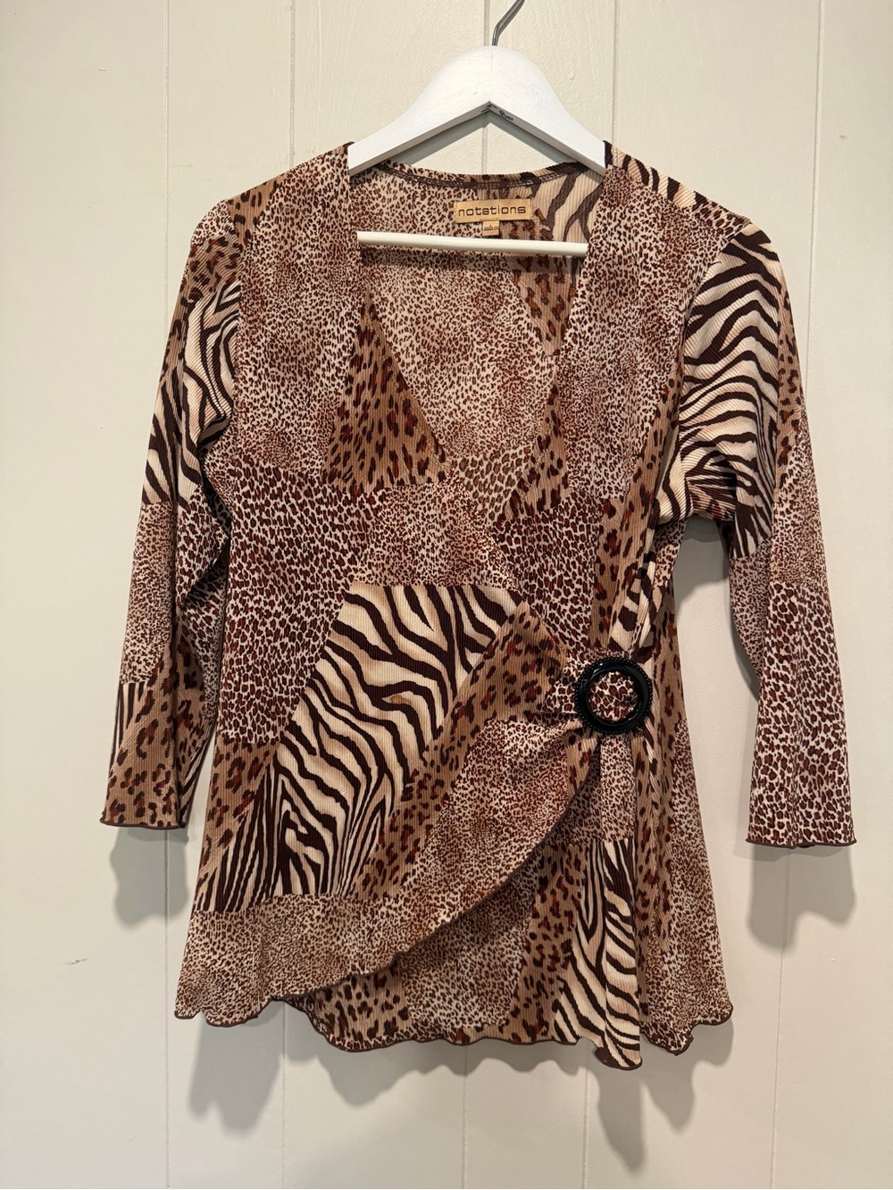 Notations Mixed Animal Print Wrap-Style Blouse in Brown and Cream - Picture 2 of 6
